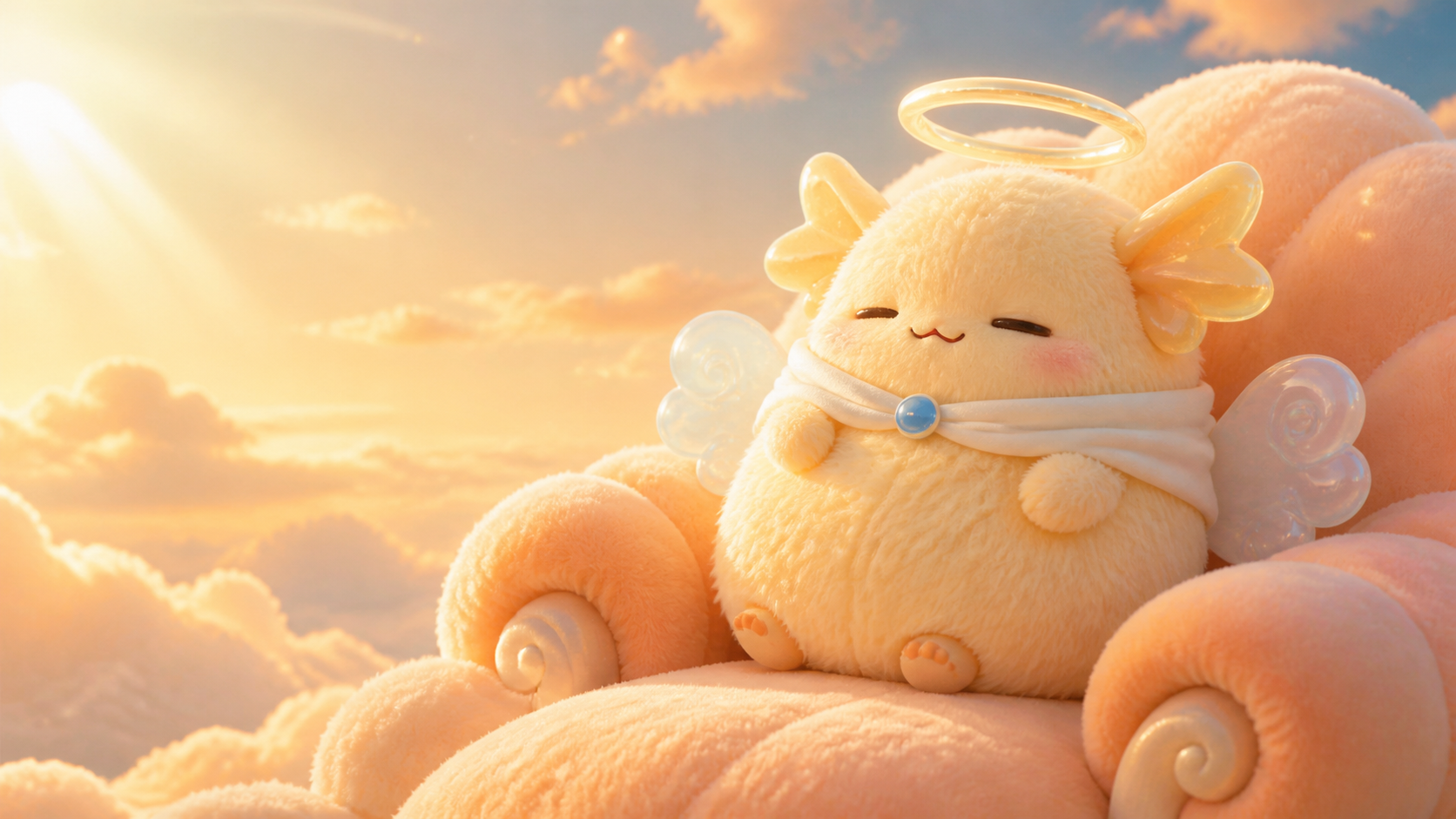 NIMBI, the mascot of HEAVEN, on a cloud sofa